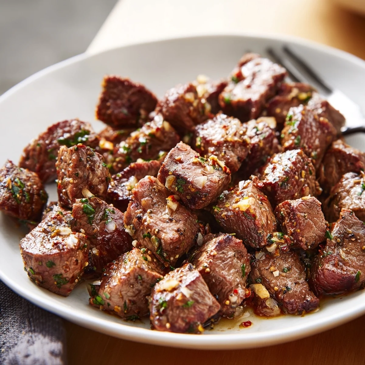 Cowboy Butter Steak Bites glistening with herb butter, seared edges and garlic.