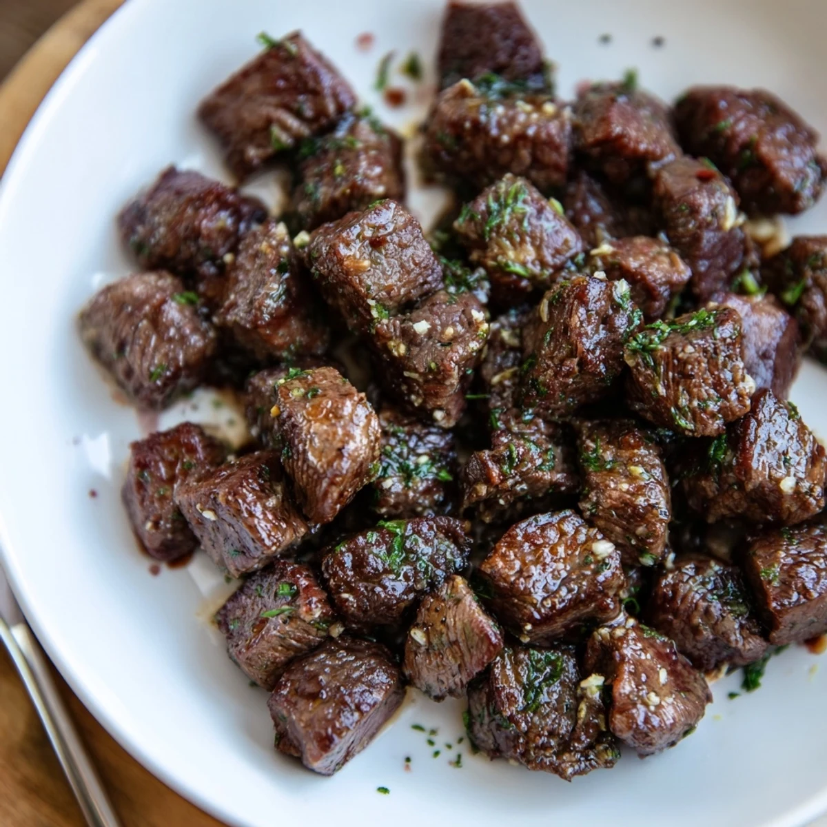 Shared plate of Cowboy Butter Steak Bites garnished with chives and lemon.
