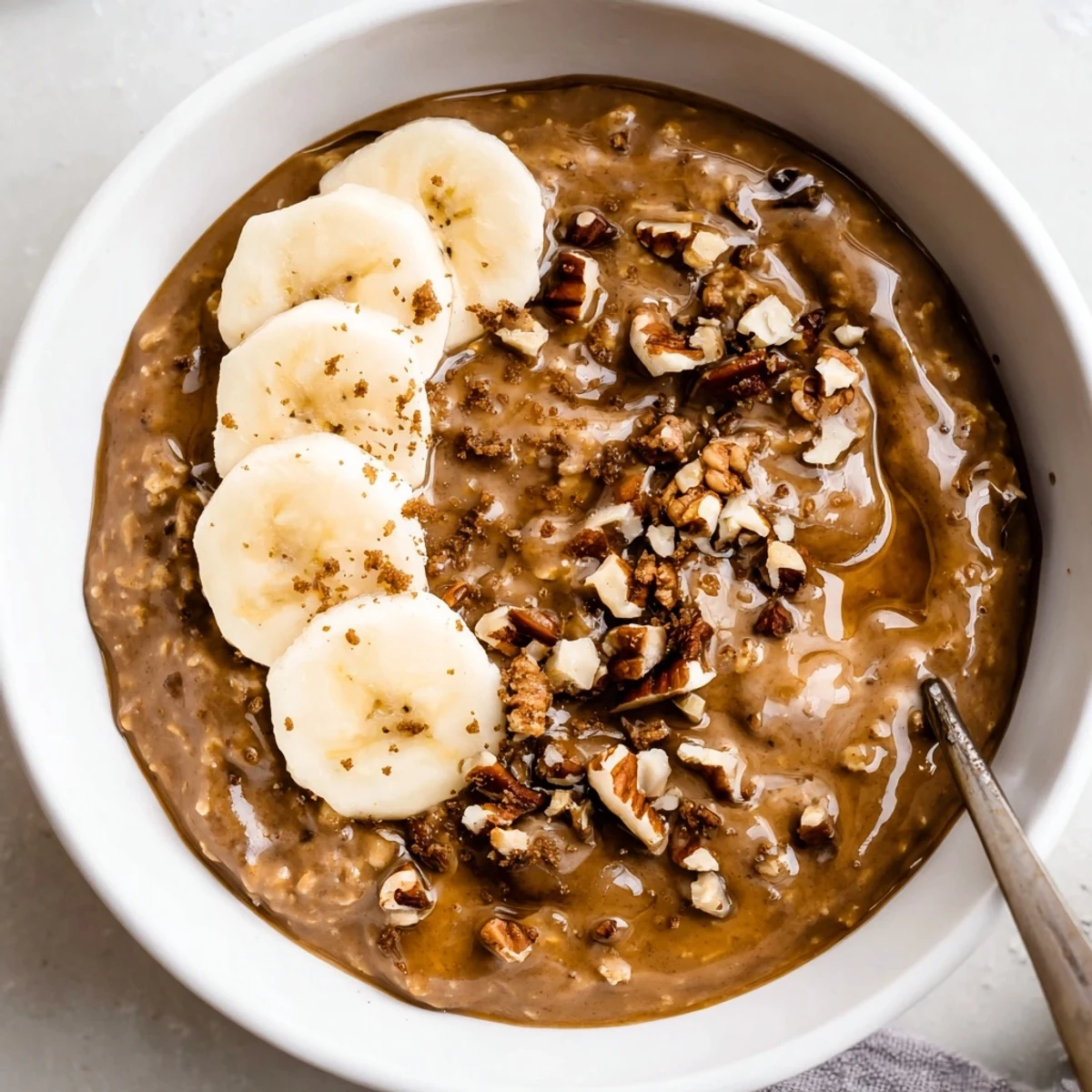 Brown Sugar Coffee Overnight Oats topped with sliced banana and toasted pecans