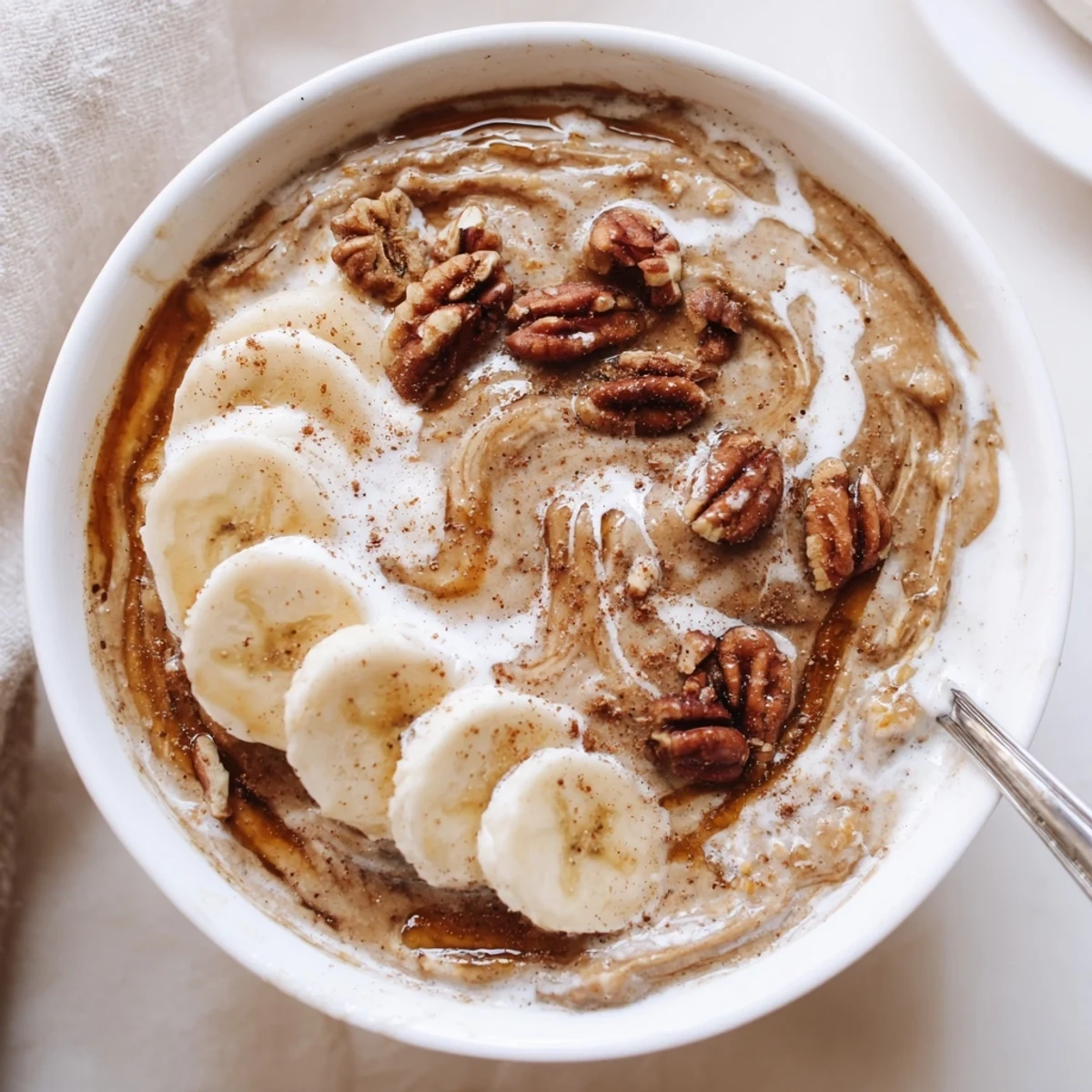Aromatic Brown Sugar Coffee Overnight Oats with silky texture, maple syrup drizzle