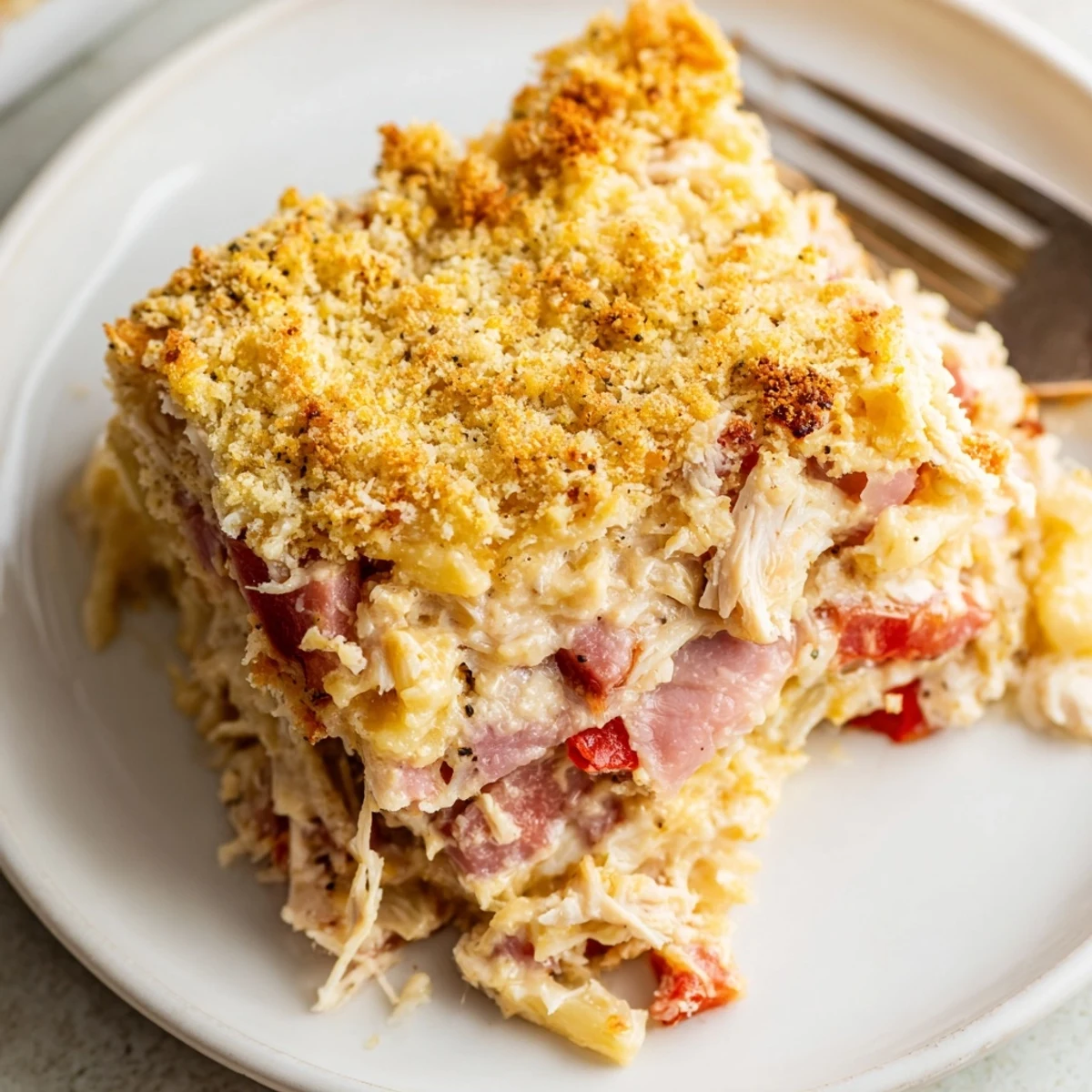 Golden Chicken Cordon Bleu Casserole Recipe sliced, steaming, served with crisp green salad