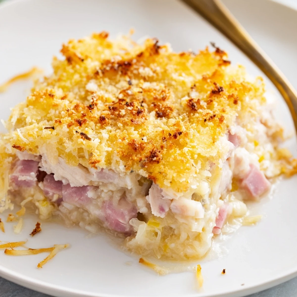 Baked until crisply browned, the Chicken Cordon Bleu Casserole Recipe rests, ready to serve