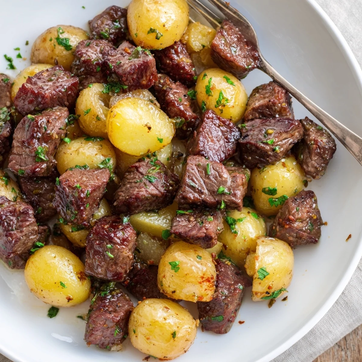 Garlic Steak Bites and Potatoes Recipe: sizzling seared steak, golden crispy potatoes, garlicky butter