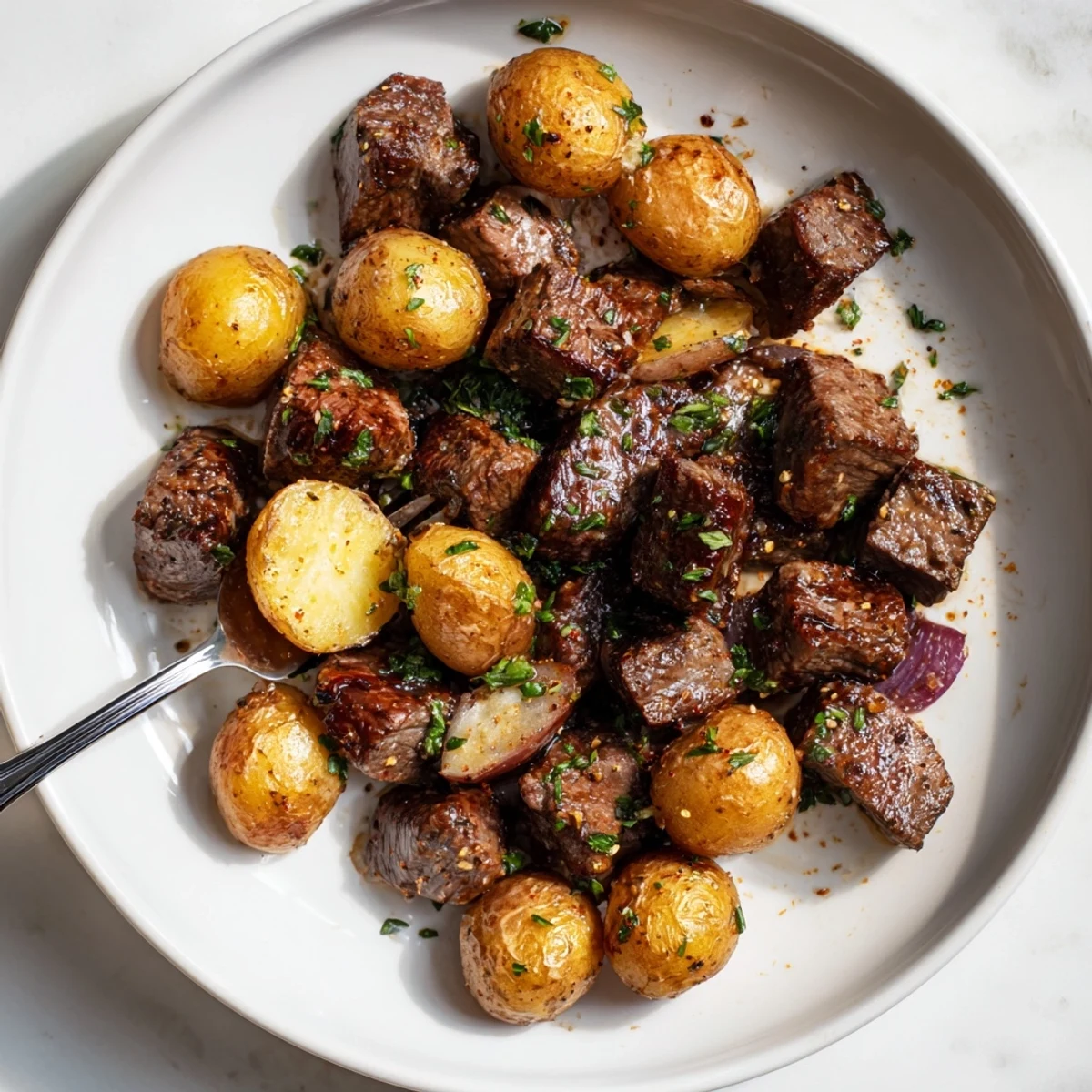 Weeknight Garlic Steak Bites and Potatoes Recipe served hot with parsley and lemon