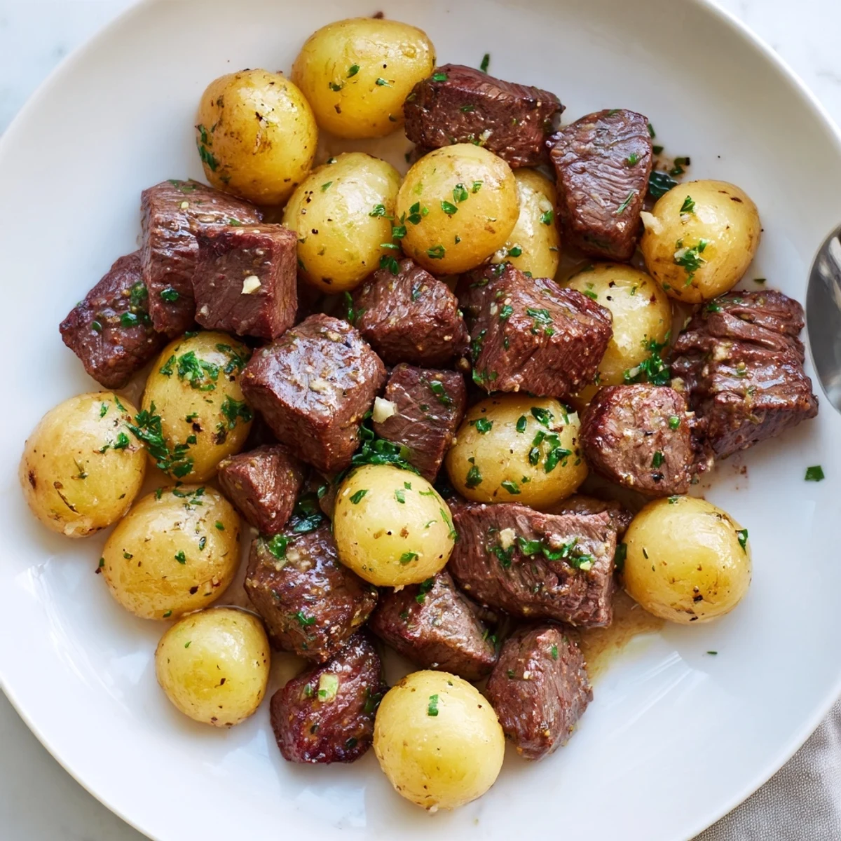Pan-tossed Garlic Steak Bites and Potatoes Recipe, buttery garlic aroma, fork-ready bites
