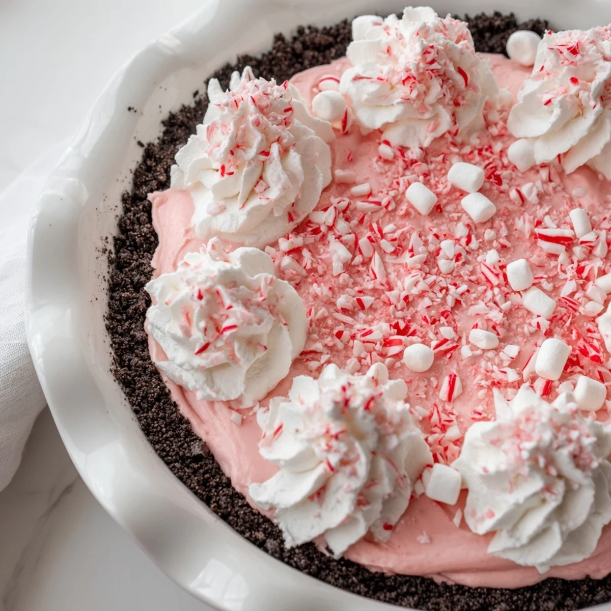 Candy Cane Pie with creamy peppermint filling, chocolate crust, topped with crushed canes