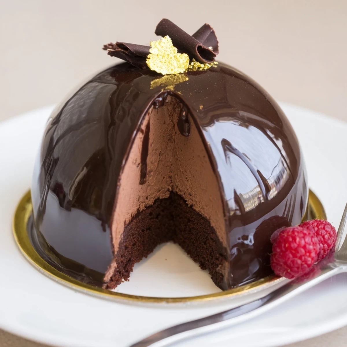 Elegant Chocolate Mascarpone Dome Dessert With Glossy Shells, velvety mascarpone mousse peeking