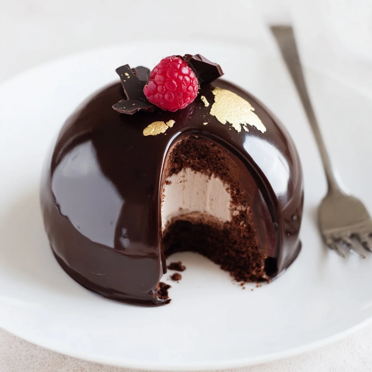 Elegant Chocolate Mascarpone Dome Dessert With Glossy Shells garnished with gold leaf and berries