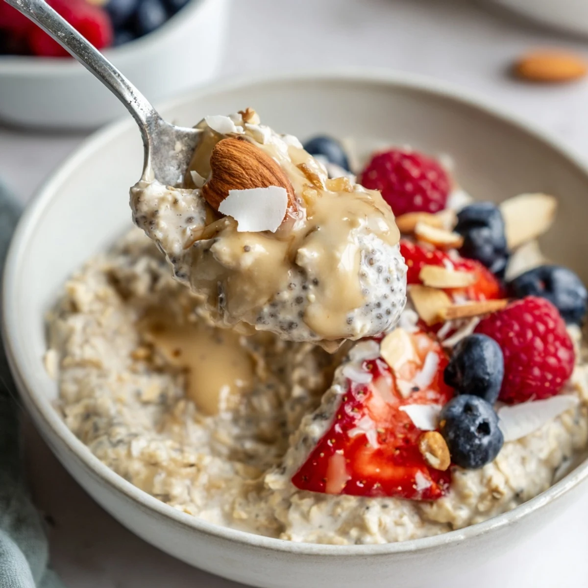 A mason jar of Healthy Coconut Cream Overnight Oats, ready to go vegan breakfast