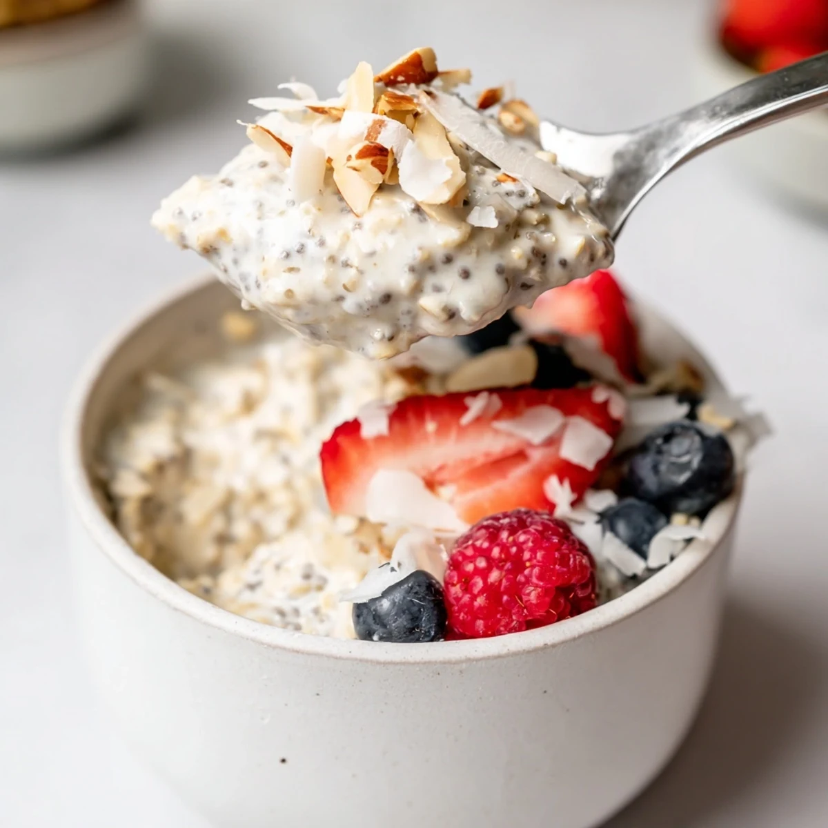 Healthy Coconut Cream Overnight Oats in a chilled bowl, creamy with fresh berries
