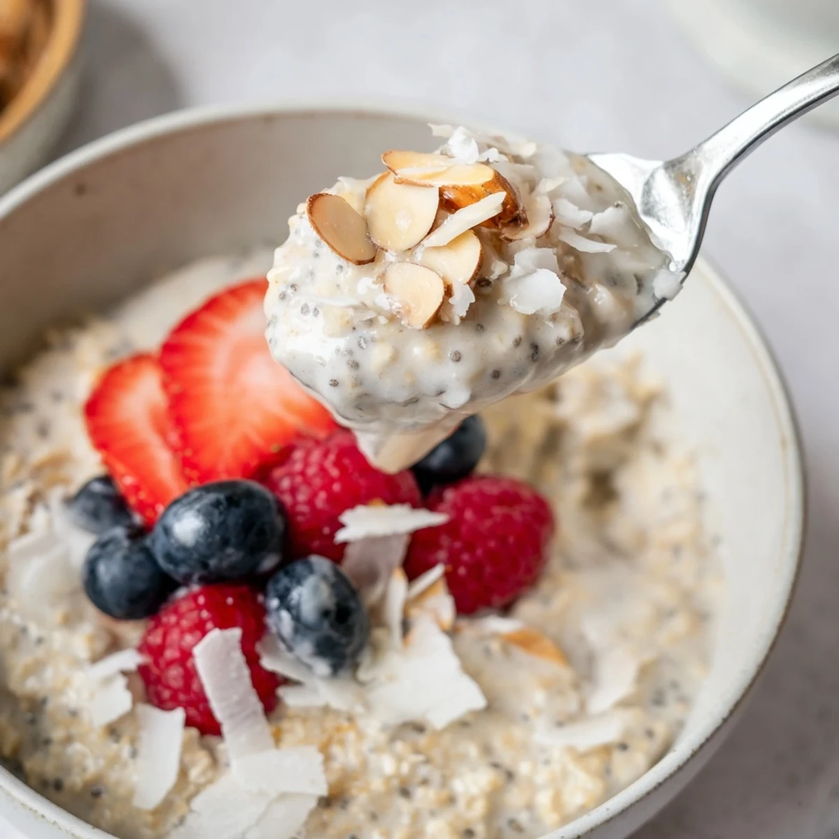 Healthy Coconut Cream Overnight Oats drizzled with extra cream, topped with toasted coconut