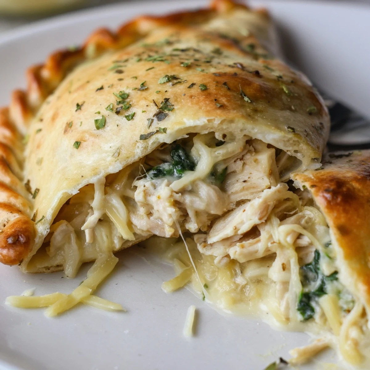 Crispy Cheesy Chicken Alfredo Air Fryer Calzones with golden crust and steaming cheese