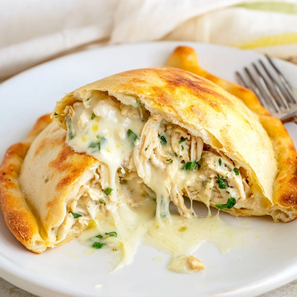 Crispy Cheesy Chicken Alfredo Air Fryer Calzones oozing creamy sauce, ideal weeknight dinner