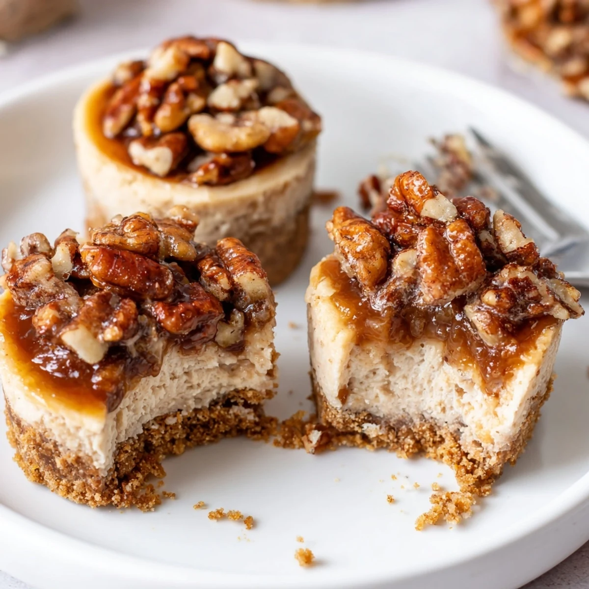 Mini Pecan Pie Cheesecakes topped with sticky nutty glaze, buttery graham crust