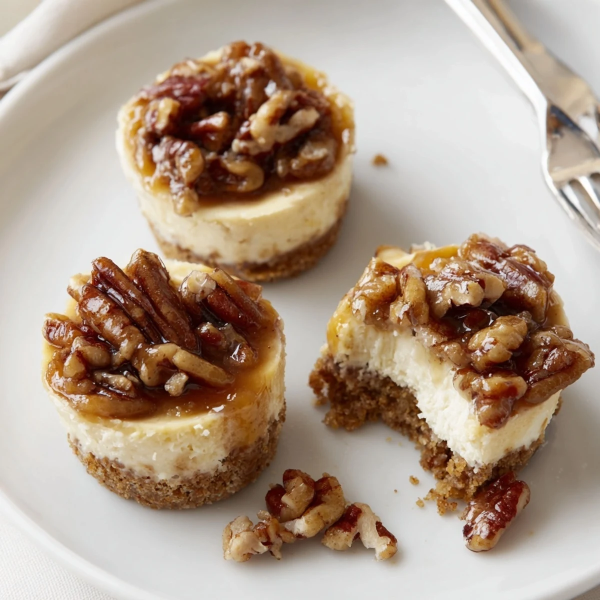 Warm Mini Pecan Pie Cheesecakes cooling on rack, creamy centers, crunchy topping