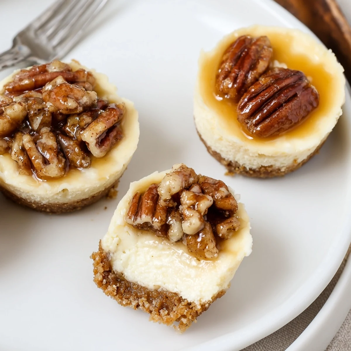 Plated Mini Pecan Pie Cheesecakes garnished with whipped cream and toasted pecans