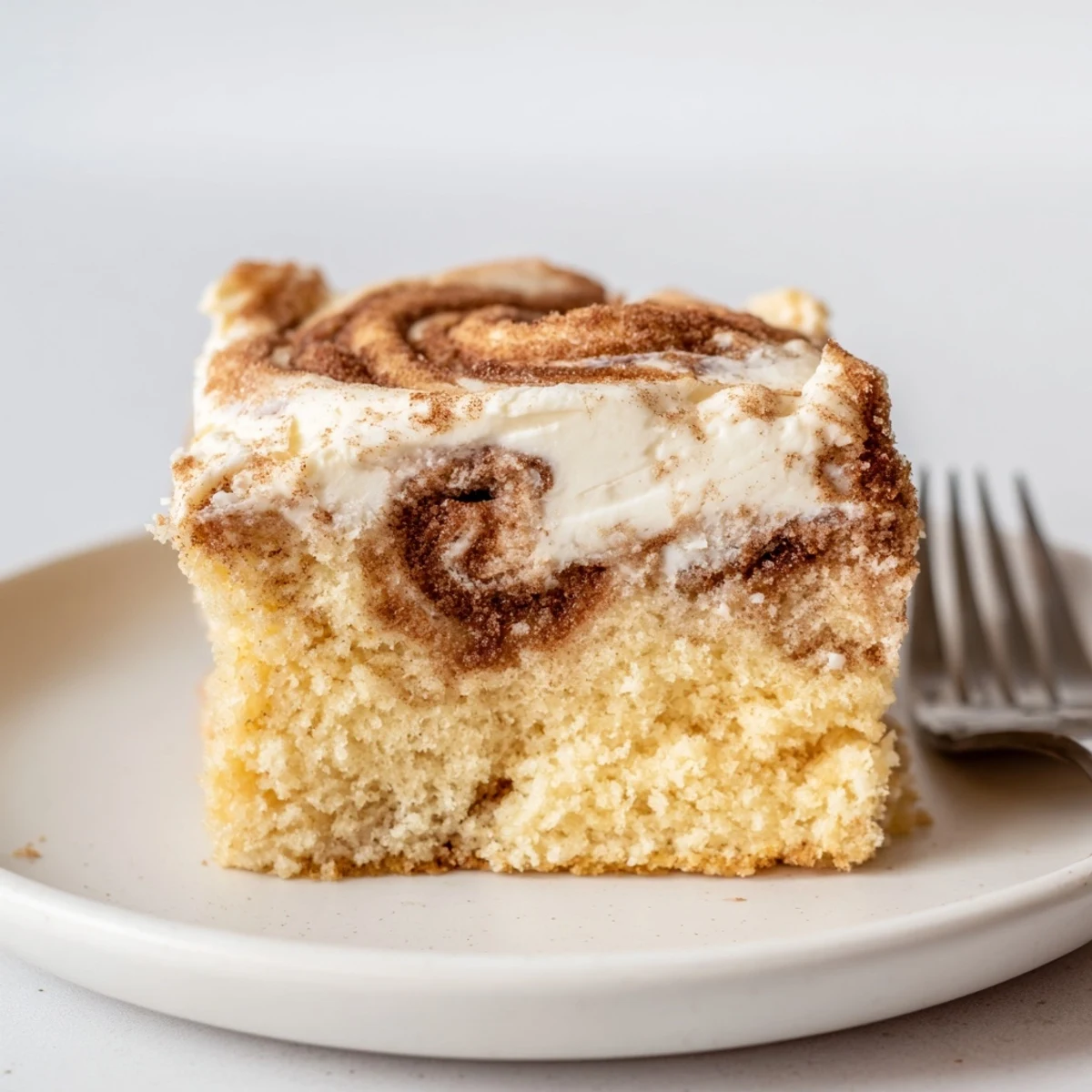 Moist Cinnamon Roll Poke Cake drizzled with frosting, perfect with vanilla ice cream