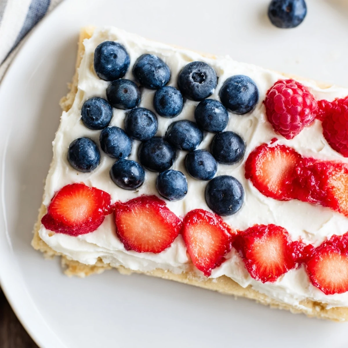Sugar Cookie Flag Fruit Pizza with creamy frosting and vibrant berry stripes