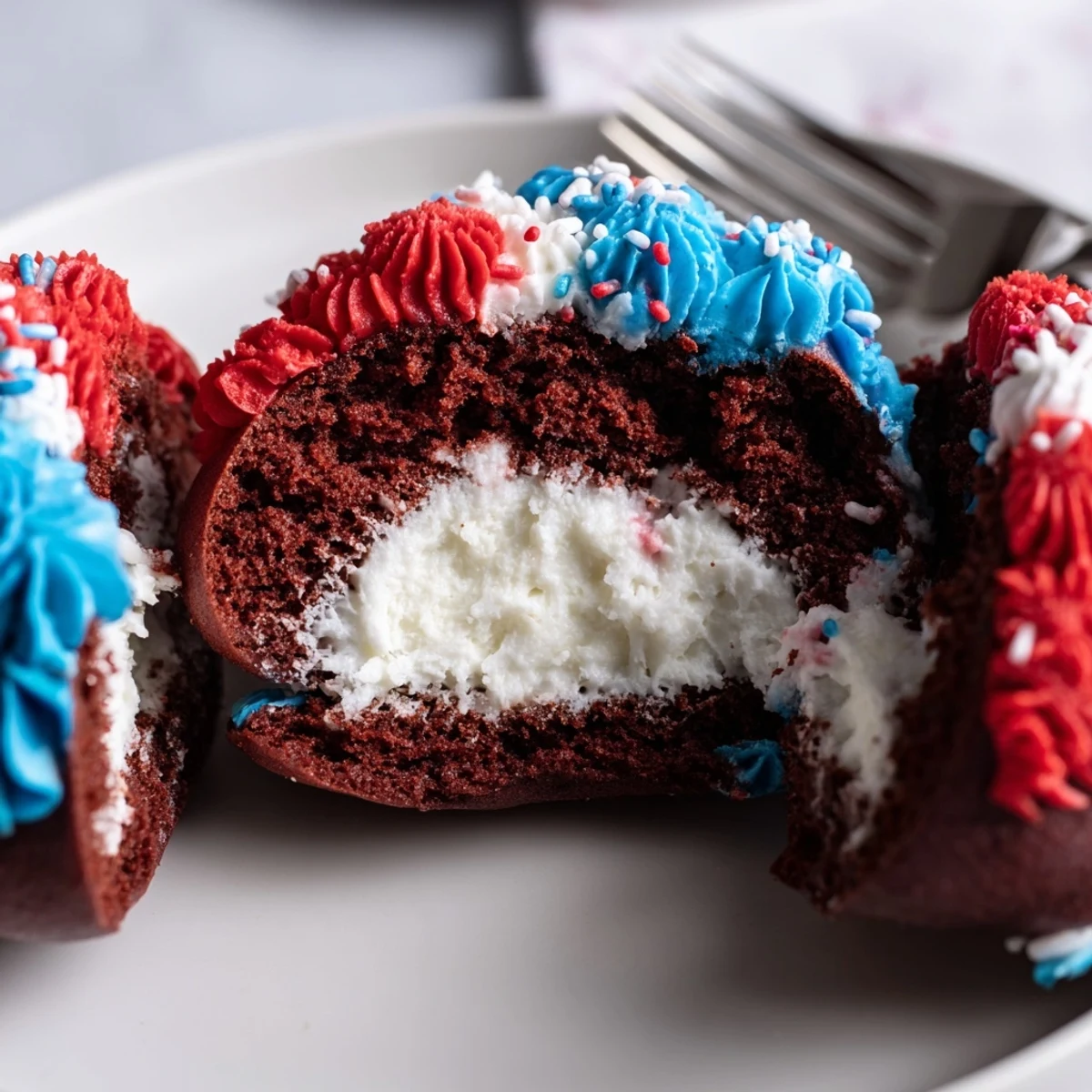 Patriotic Whoopie Pies with red, white, and blue frosting, sprinkles topping
