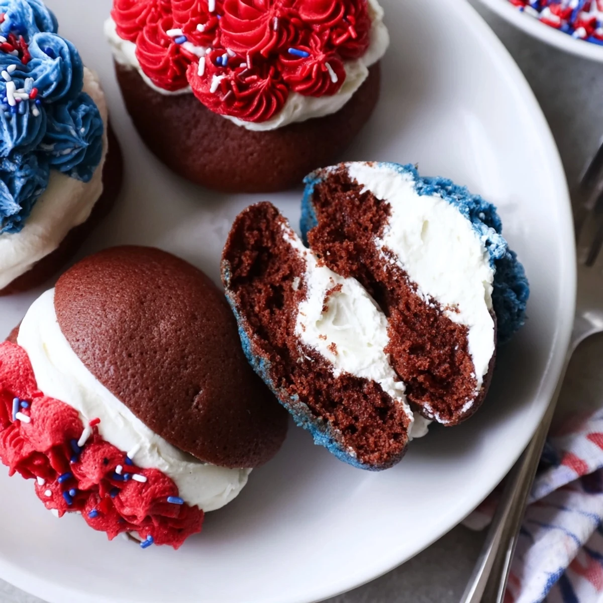 Fresh Patriotic Whoopie Pies arranged on platter, perfect for July picnic