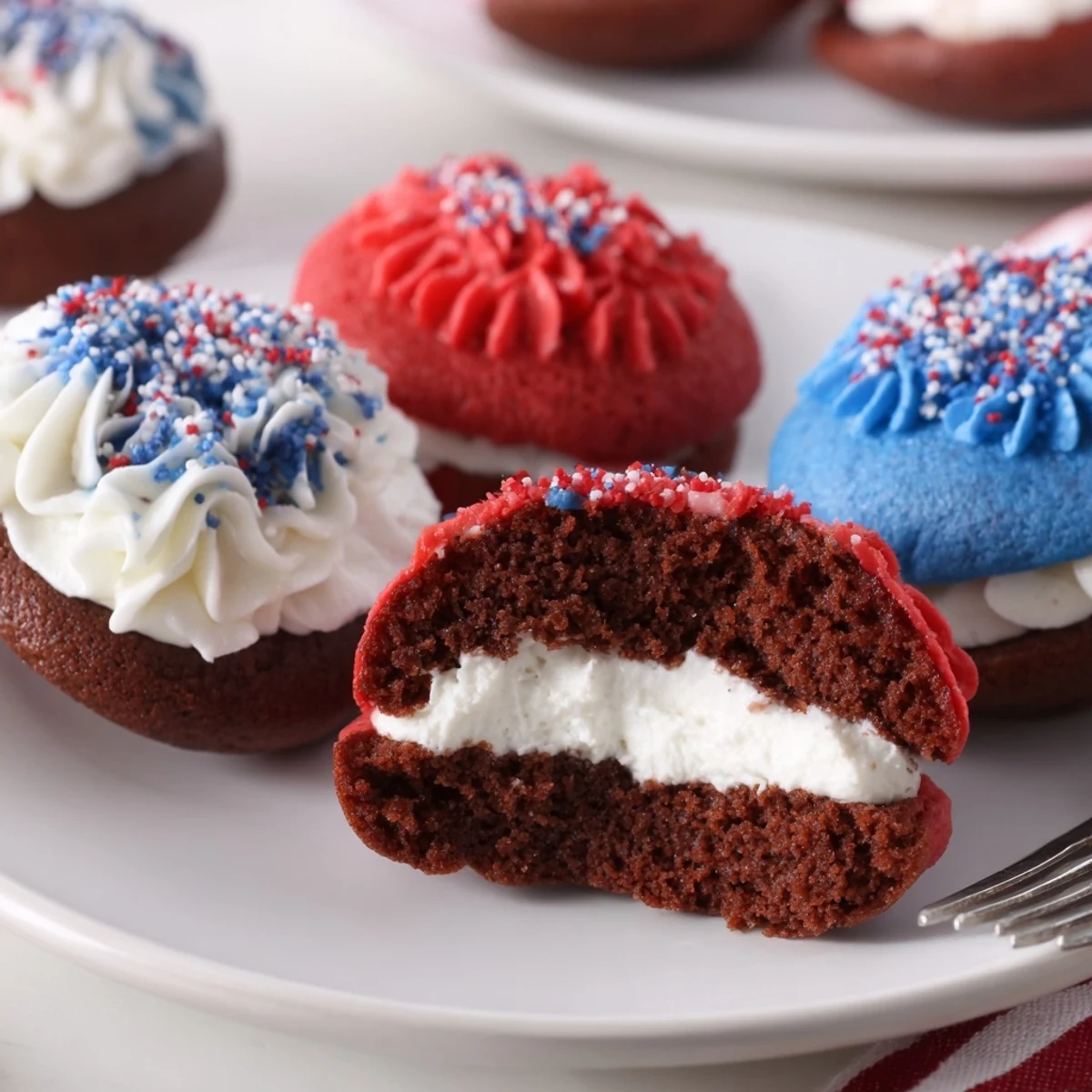 Stacked Patriotic Whoopie Pies showing marshmallow filling and soft cake texture