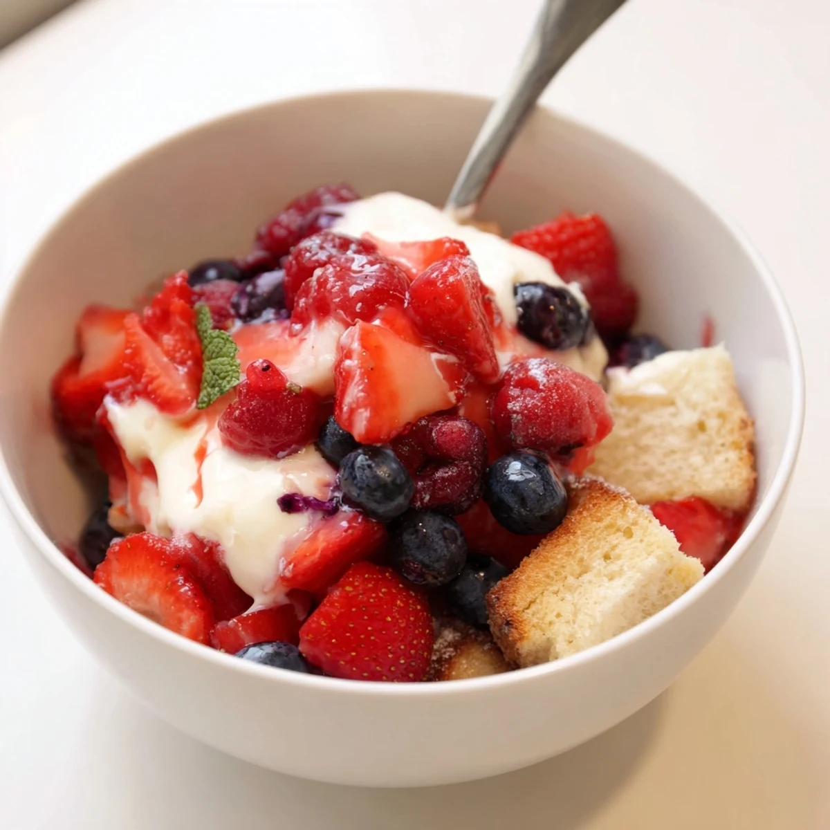 Berry Vanilla Cream Trifle with juicy berries, mascarpone cream, chilled for serving