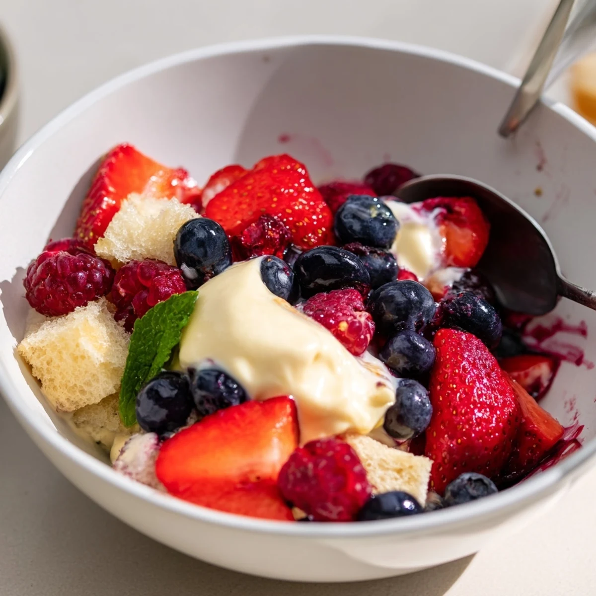 Layered Berry Vanilla Cream Trifle showcasing sponge cake, silky custard, mint garnish