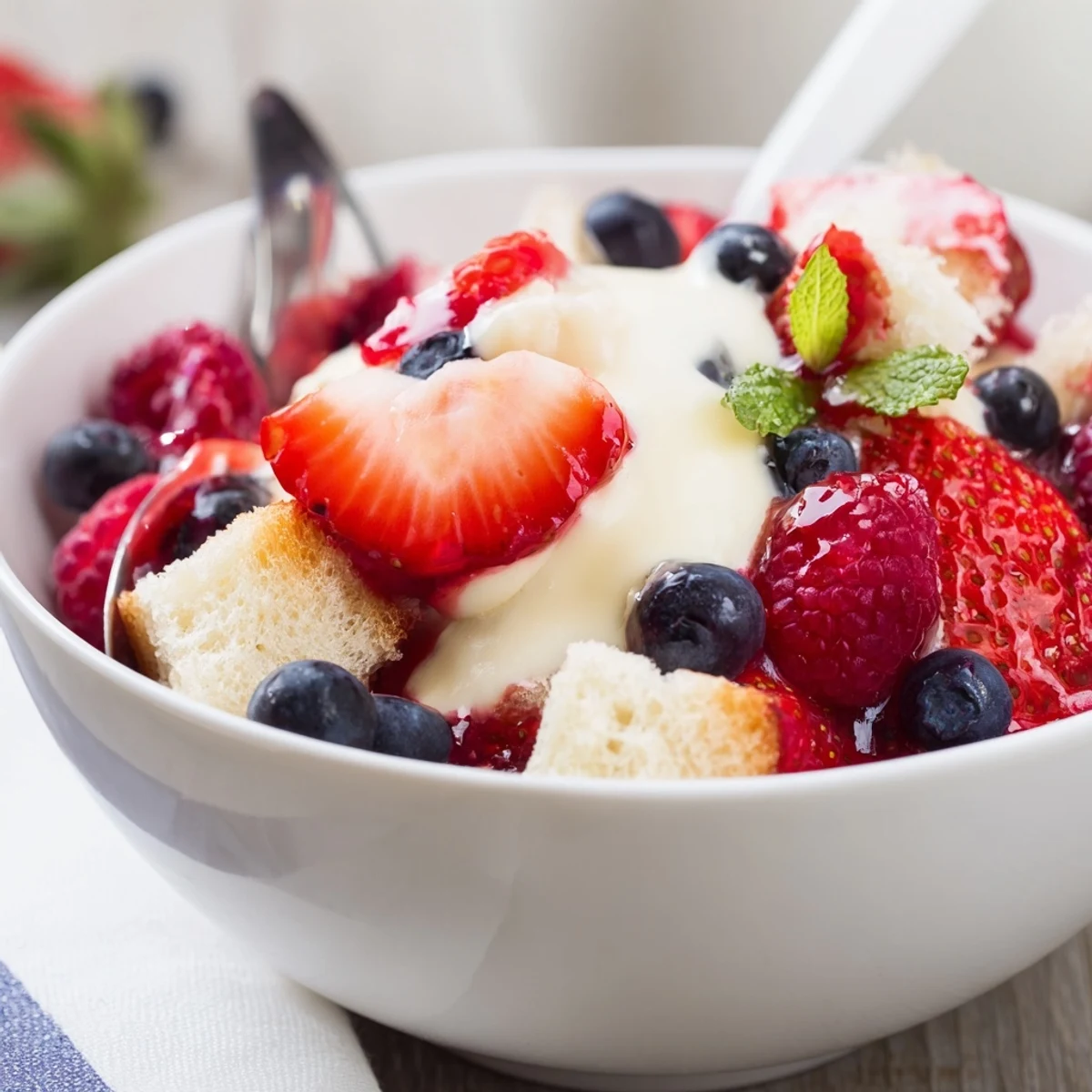 Creamy Berry Vanilla Cream Trifle spoon-ready, sweet berry juices soaking cake