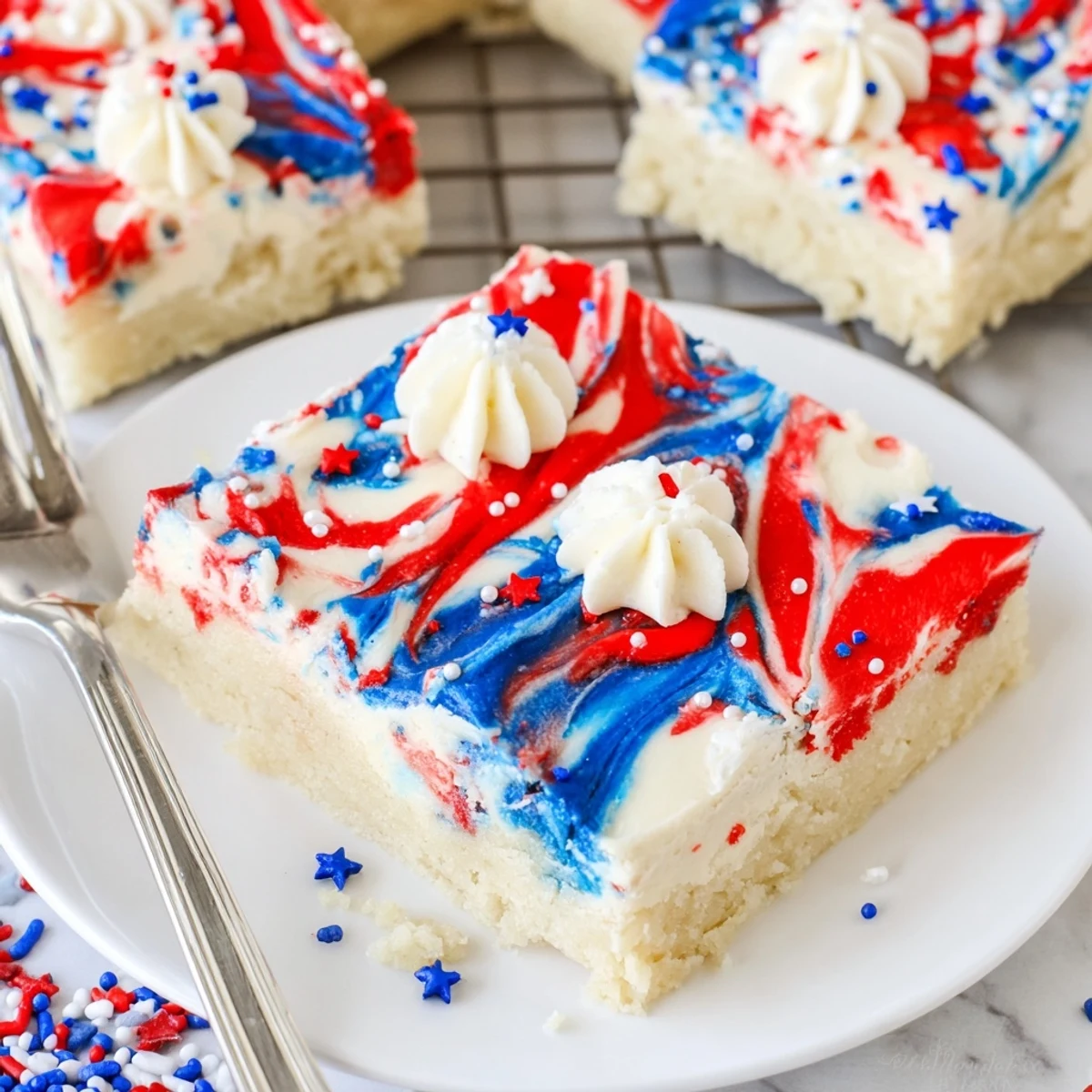 Patriotic Sugar Cookie Bars topped with swirled red, white, and blue frosting