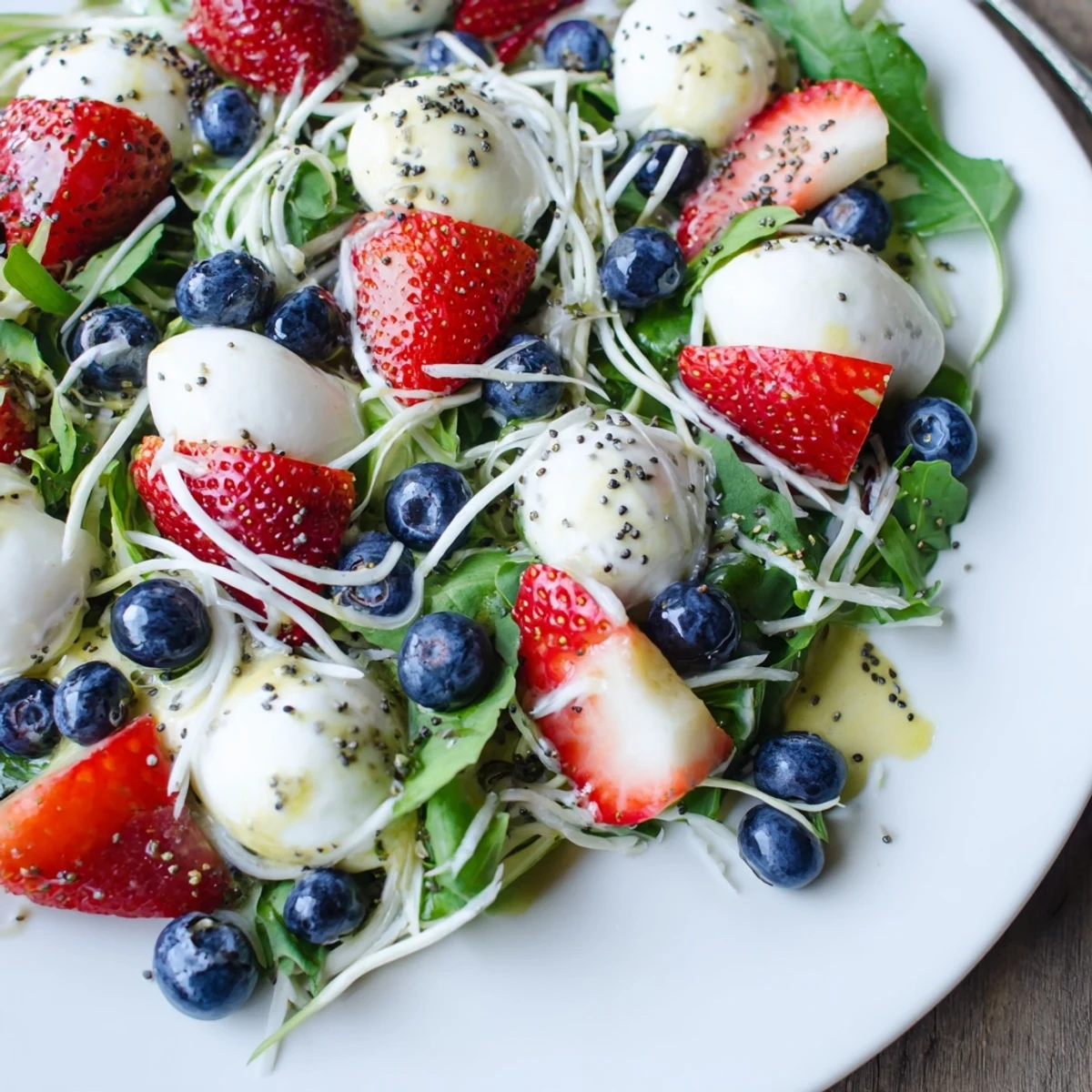 4th Of July Salad with juicy strawberries, blueberries, creamy mozzarella, light poppy seed dressing