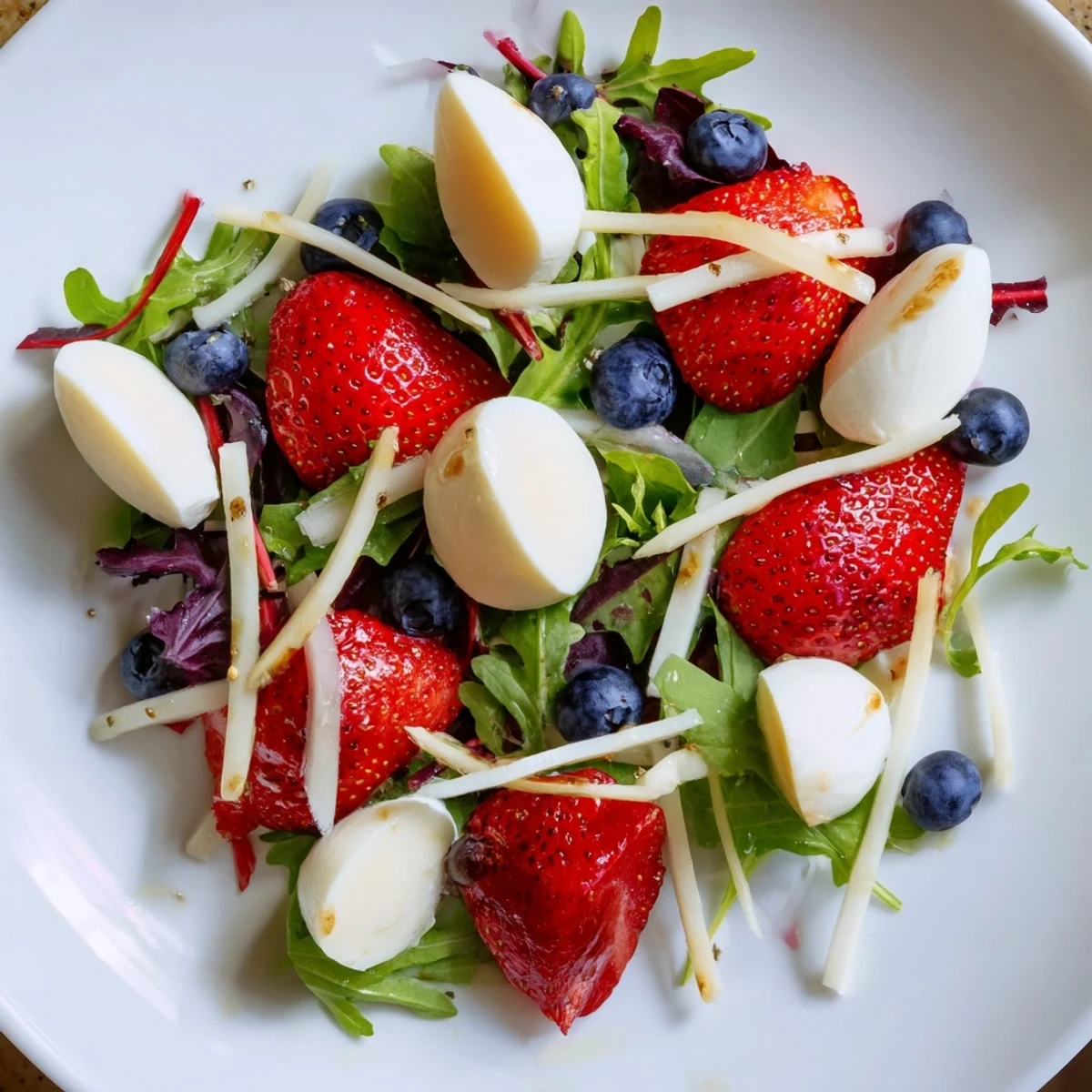 Picnic ready 4th Of July Salad with mozzarella, peppery greens and tangy poppy dressing