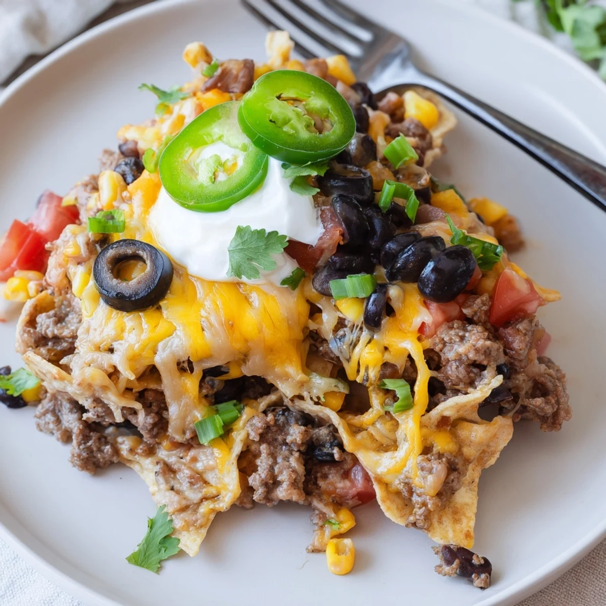 Golden, gooey Cheesy Nacho Casserole topped with sour cream and cilantro.