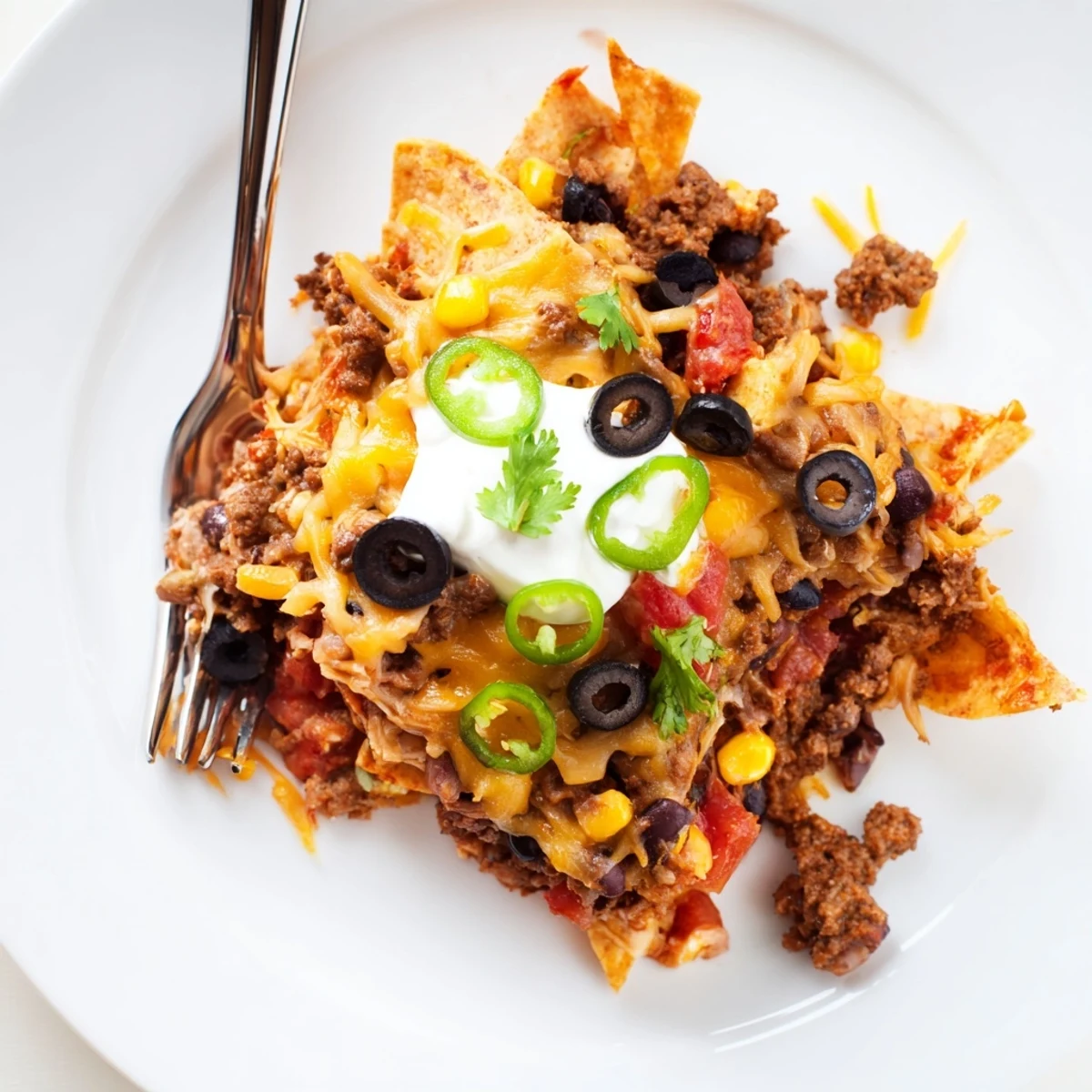 Cheesy Nacho Casserole with seasoned beef, crunchy chips, melted cheese, scallions.