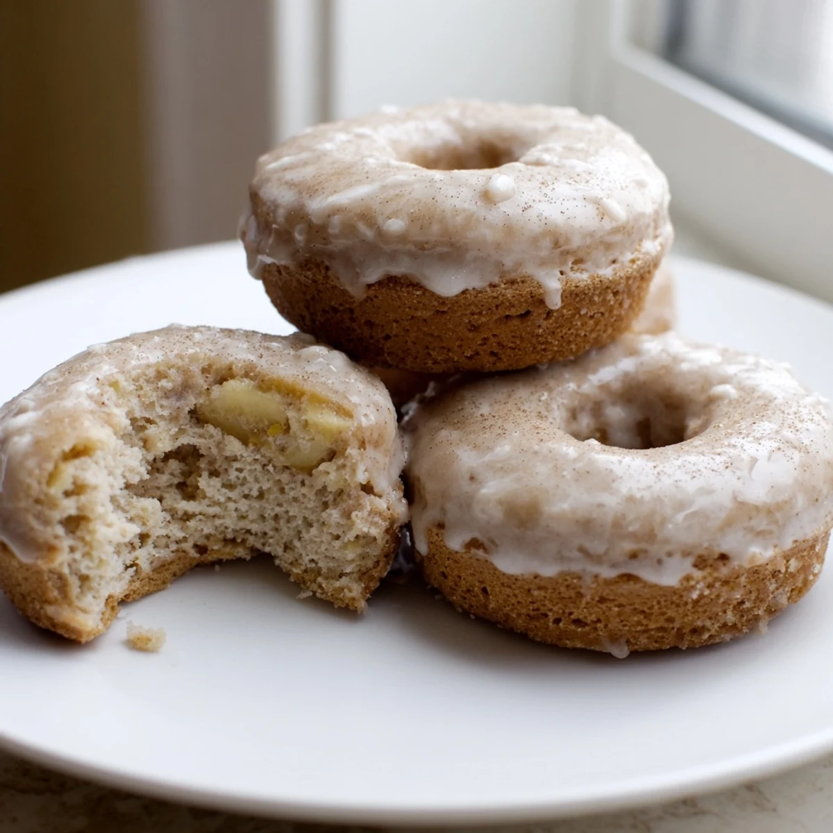 Banana Donuts drizzled with vanilla glaze, soft cake like texture, morning treat