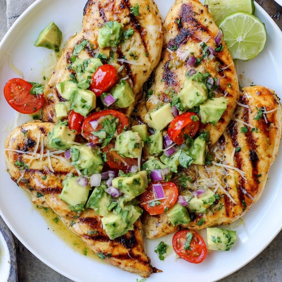 Charred, juicy Fiesta Lime Chicken With Avocado served with tangy lime wedges