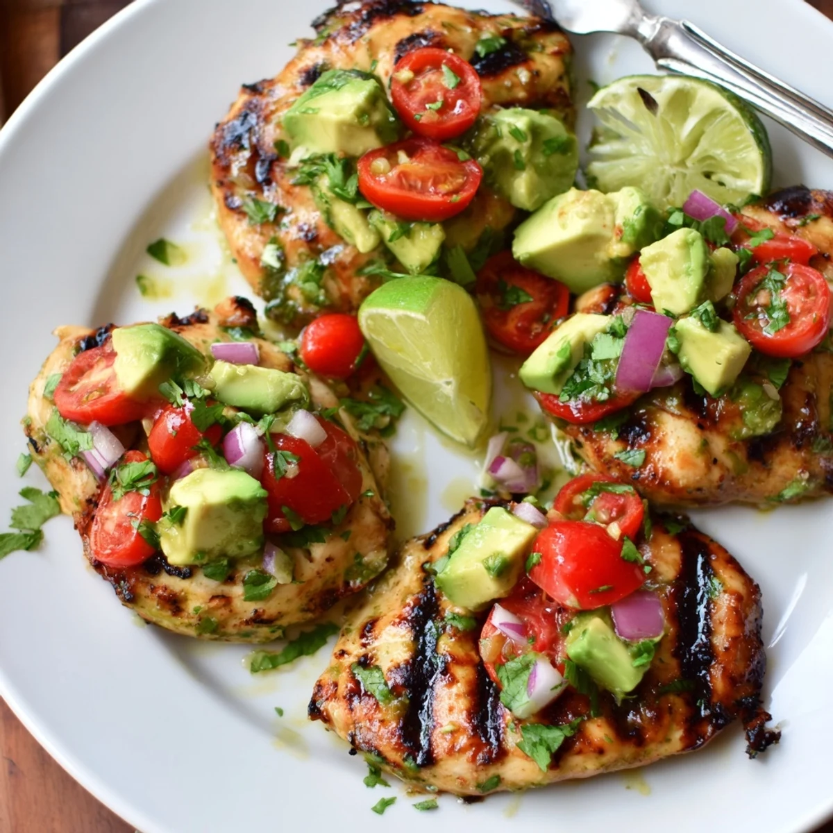 Summer-ready Fiesta Lime Chicken With Avocado on a plate with warm tortillas