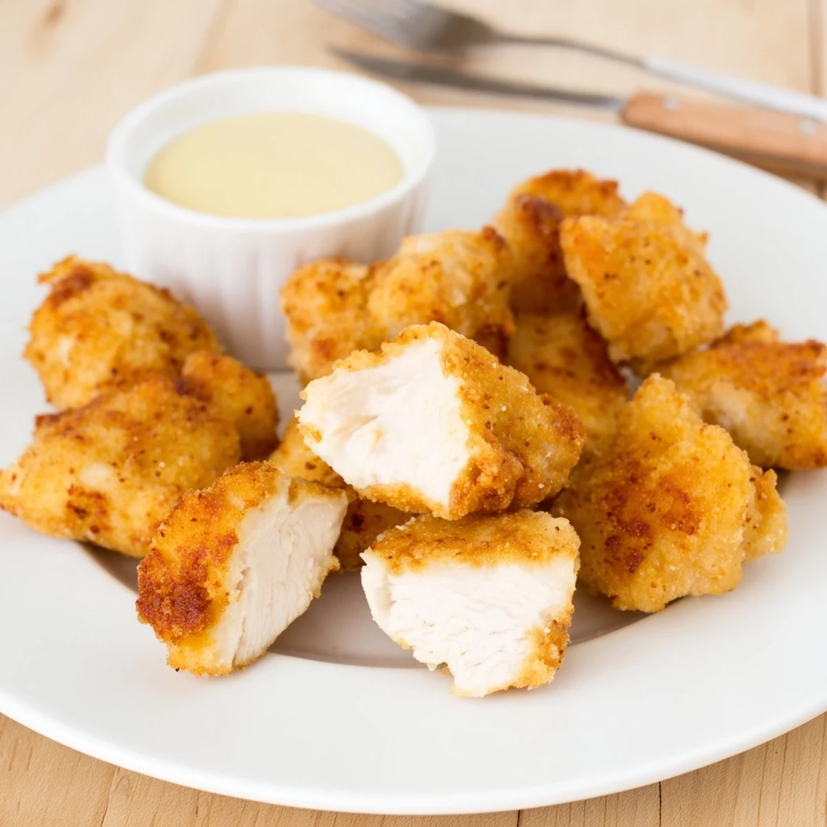 Golden, crispy Chicken Bites piled on a plate with ranch dipping sauce
