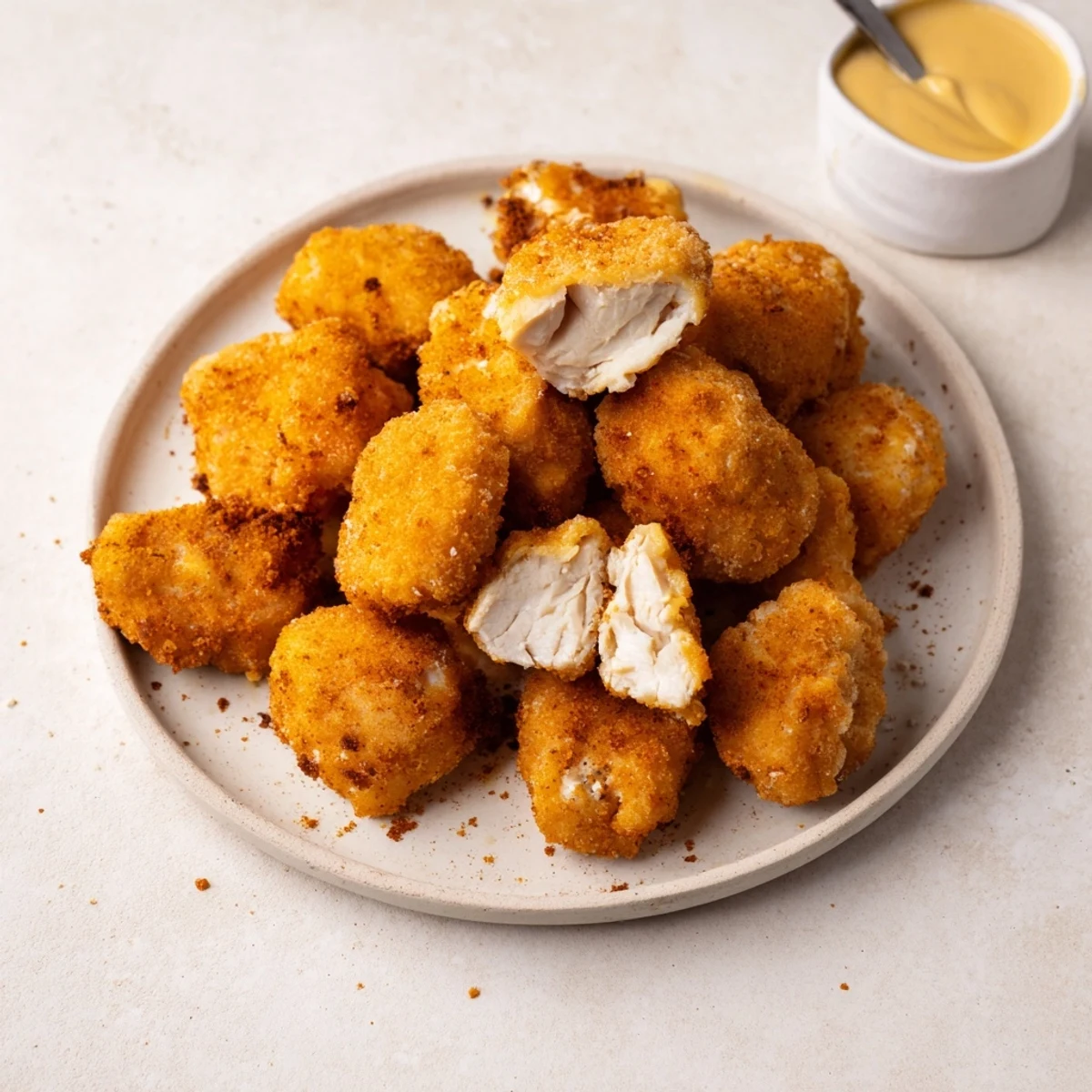 Juicy Chicken Bites fresh from fryer, steaming, crunchy coating, party-ready appetizer