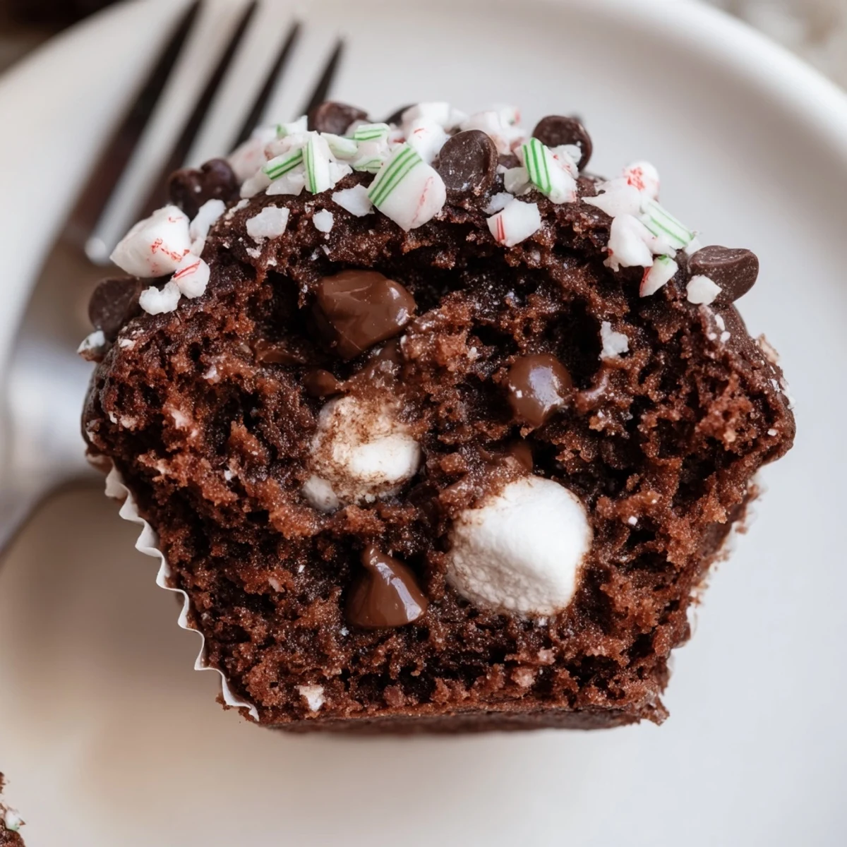 A plate of Peppermint Hot Chocolate Muffins cooling, marshmallow melting, minty aroma