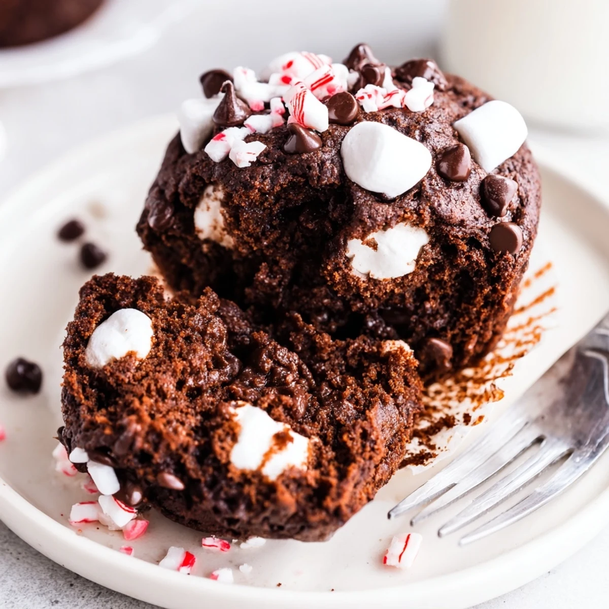 Peppermint Hot Chocolate Muffins with moist chocolate crumb and glistening chocolate chips