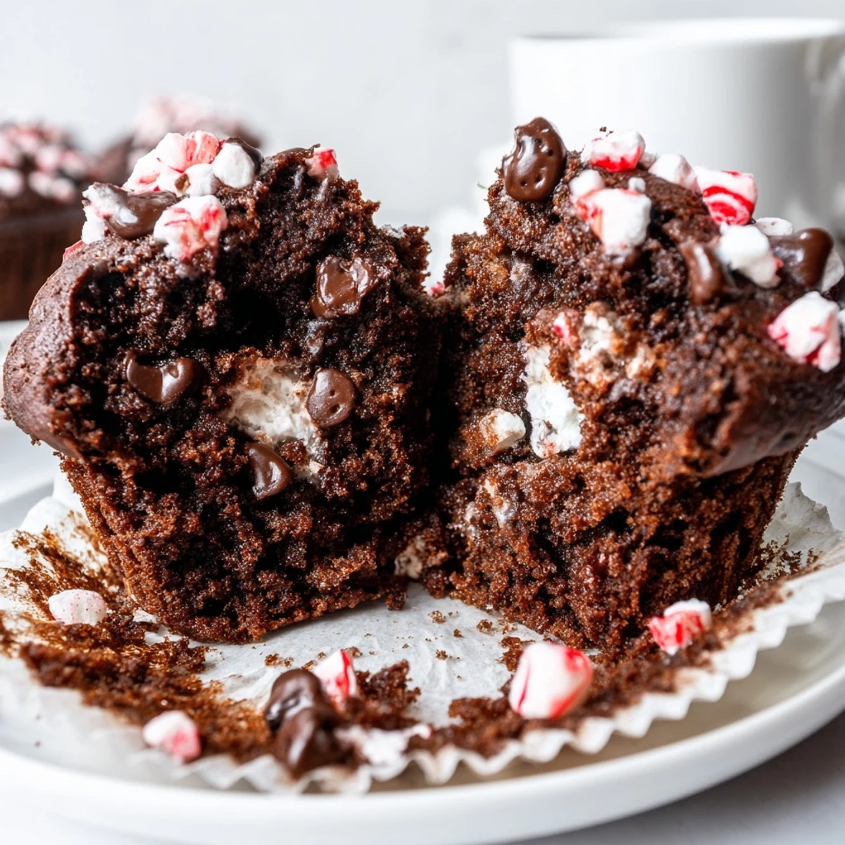 Peppermint Hot Chocolate Muffins served warm with whipped cream swirl and holiday sparkle