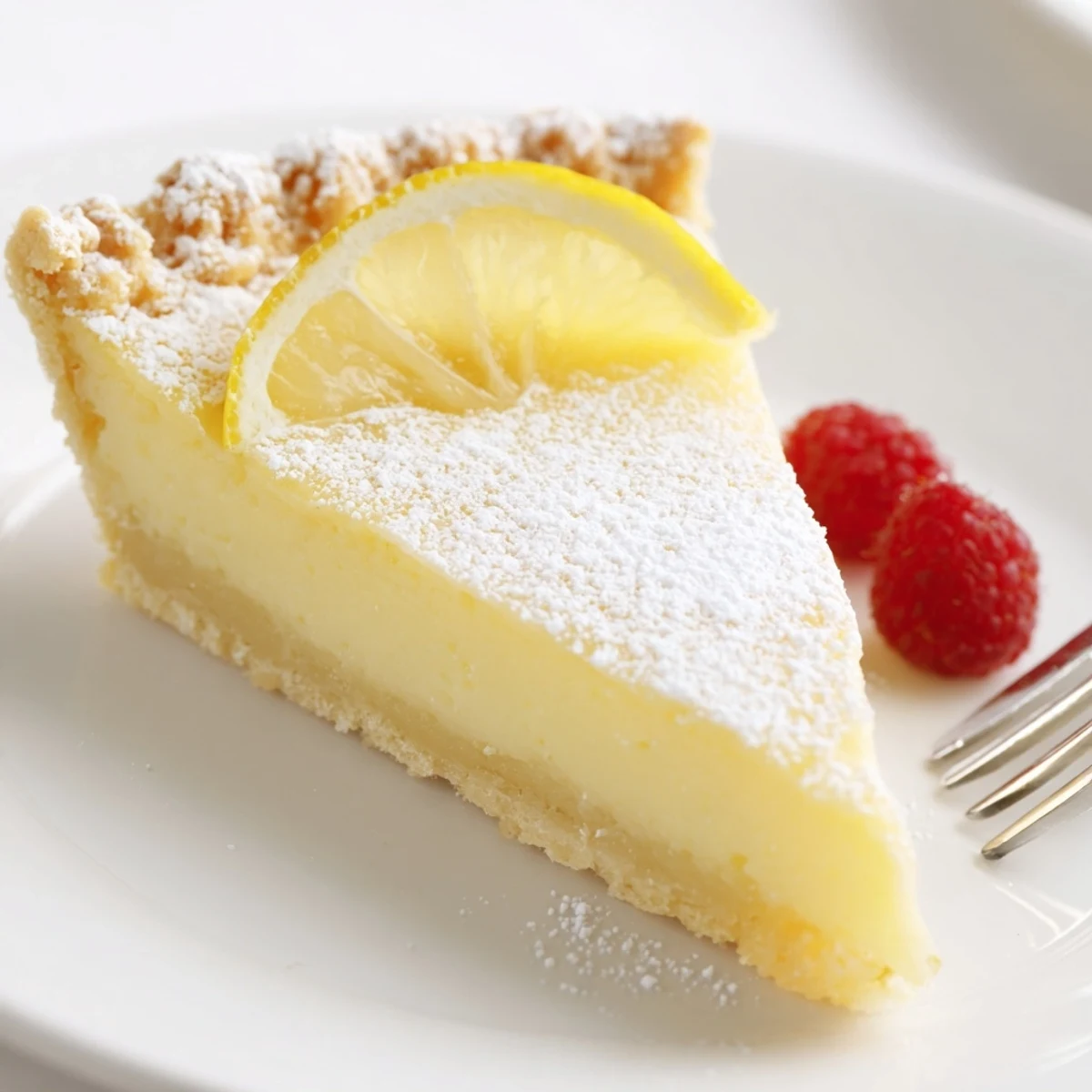 Creamy Lemon Tart Recipe on a golden crust dusted with powdered sugar