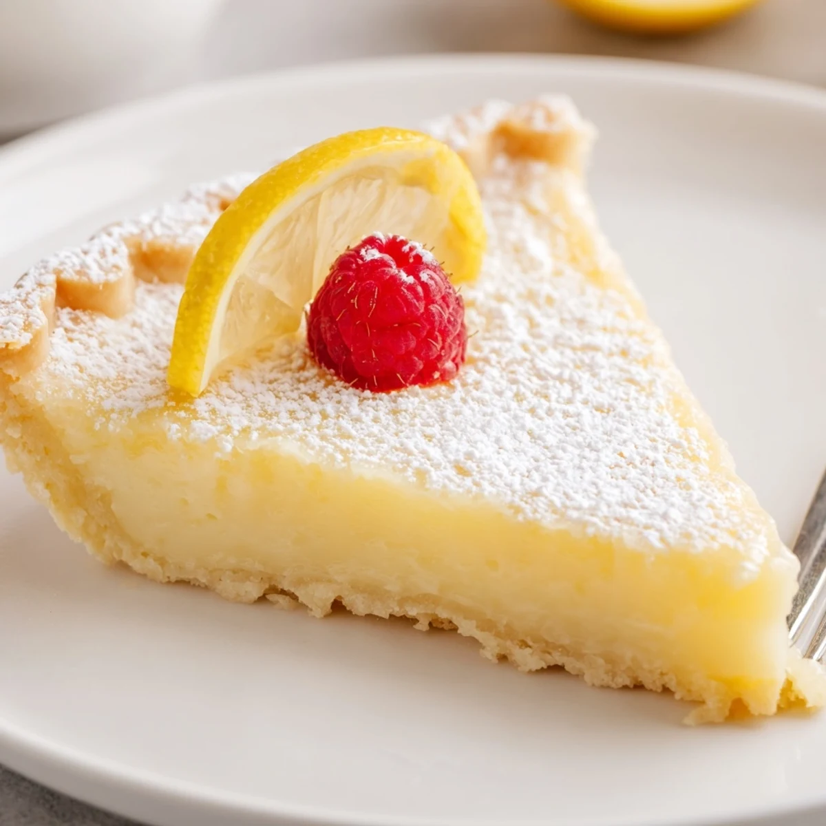 Slice of Creamy Lemon Tart Recipe beside fresh berries, silky custard gleaming