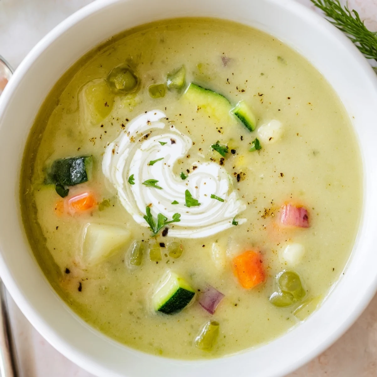 Creamy Vegetable Soup steaming in a bowl, topped with fresh parsley