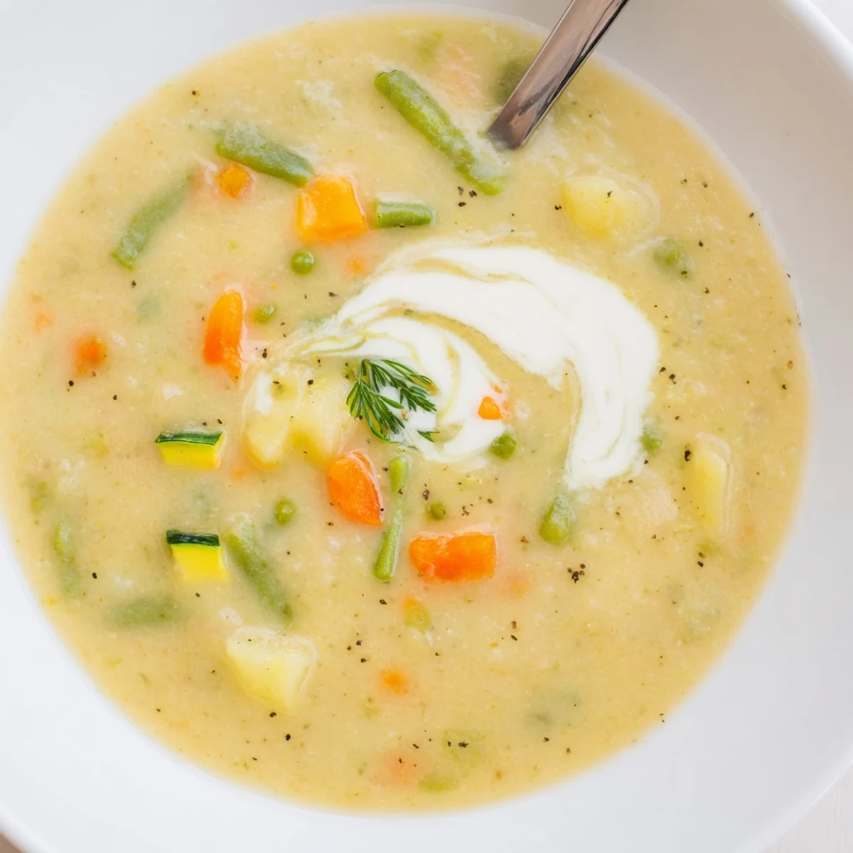 Bowl of Creamy Vegetable Soup beside crusty bread, fragrant and comforting