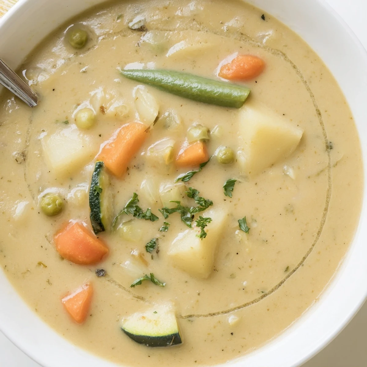 Spoon lifting velvety Creamy Vegetable Soup, warm aromas and vibrant vegetables