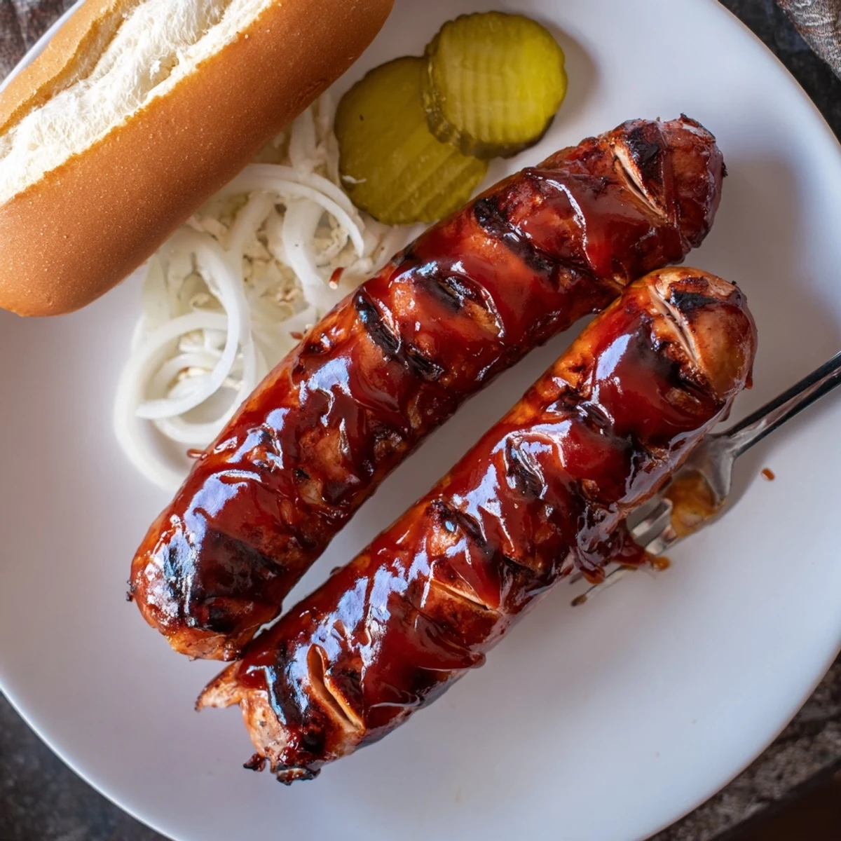 BBQ Sausage Recipe: charred, sticky sausages brushed with tangy sauce on grill