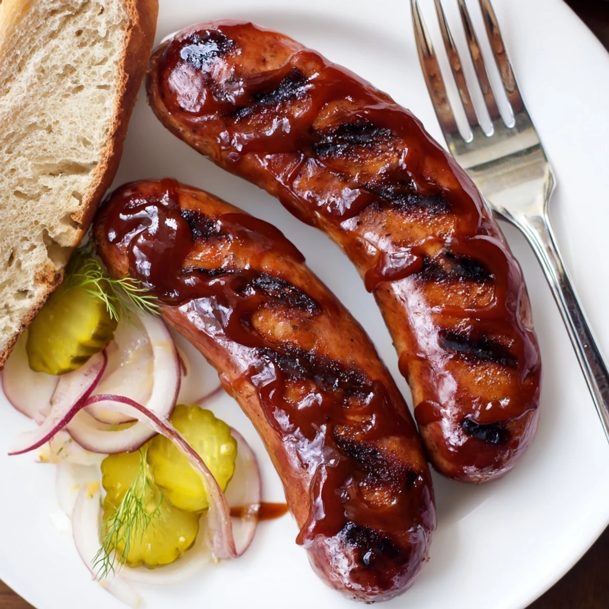 Grilled BBQ Sausage Recipe served in toasted buns with crisp pickles