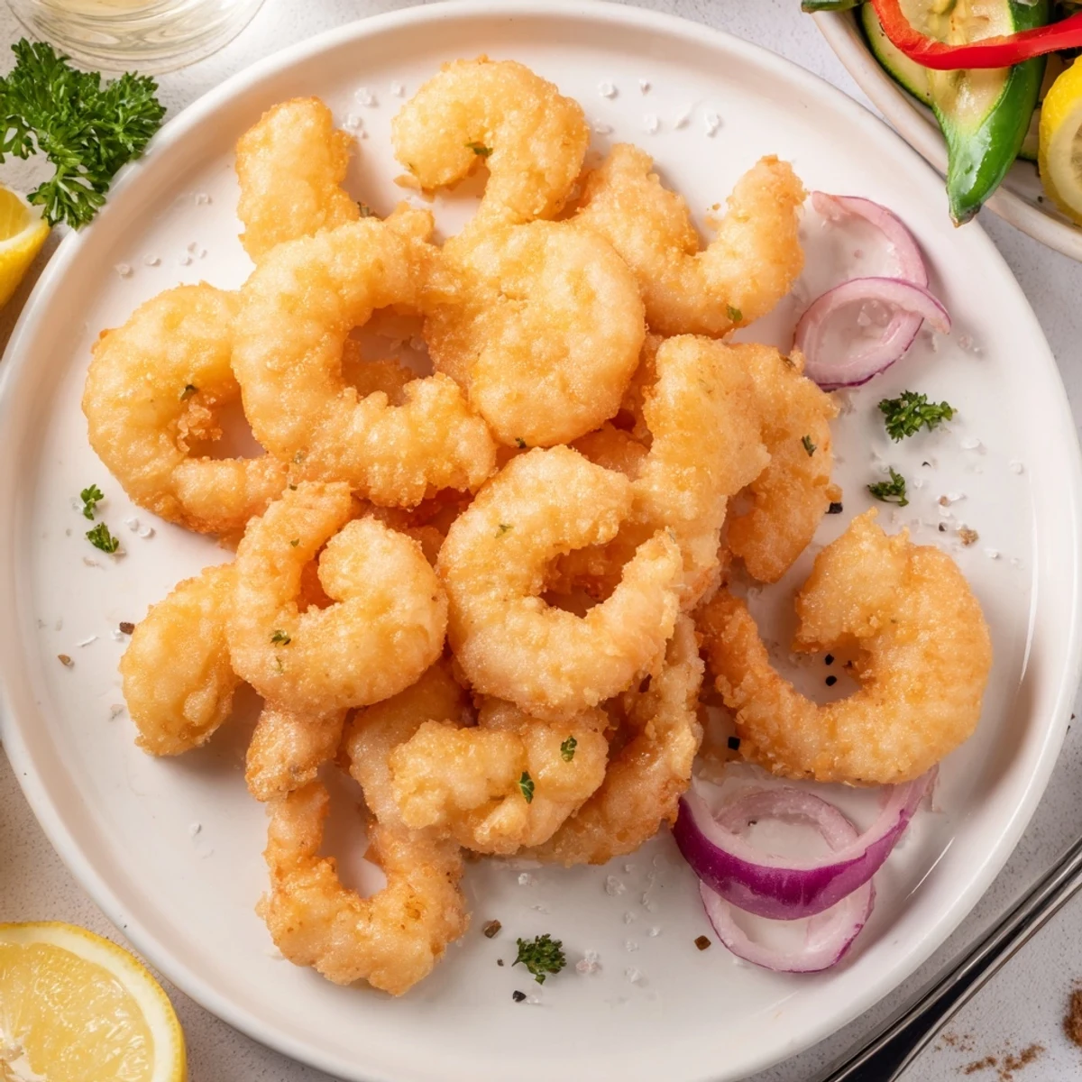 Crispy Shrimp Fritto Misto piled on platter, golden crunch, lemon wedges
