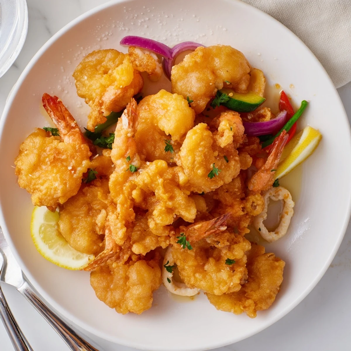 Golden Crispy Shrimp Fritto Misto with parsley, hot from fryer, ready
